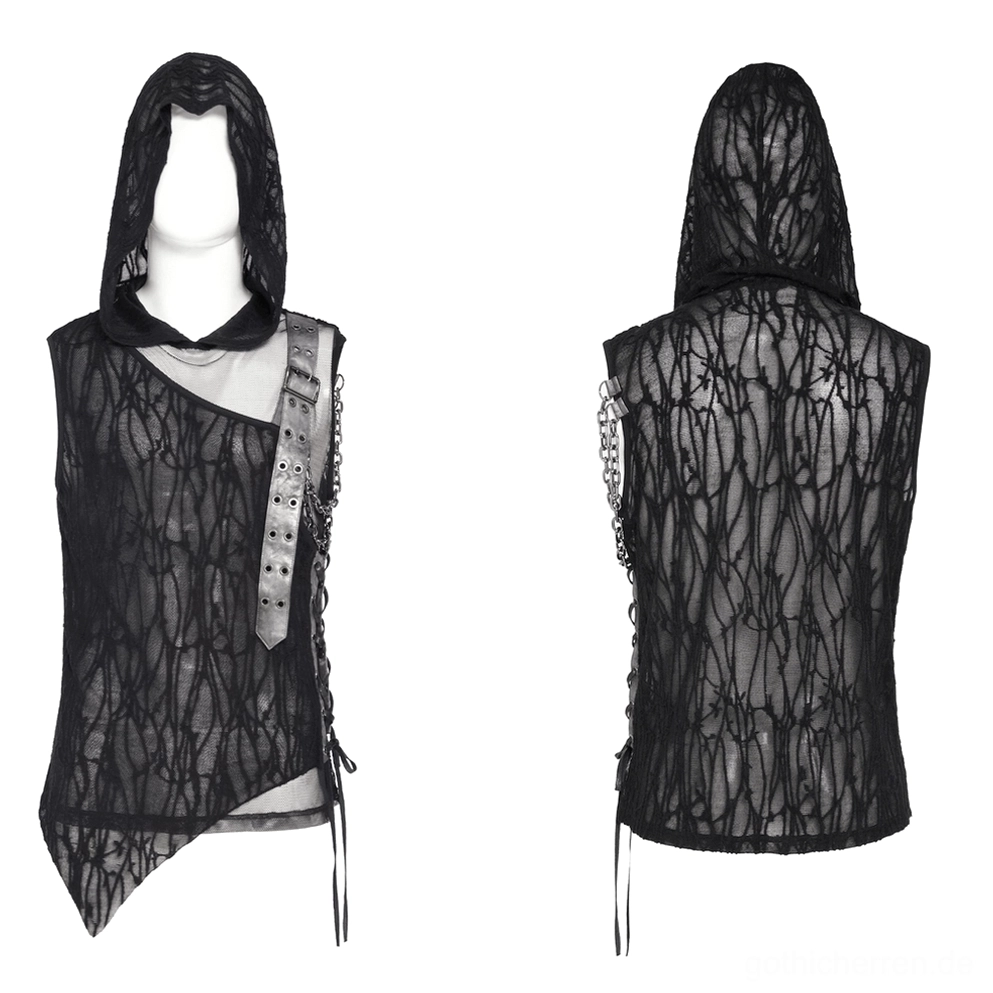Schwarzes Gothic Mesh-Muskelshirt mit Kapuze, ärmelloses Design auf Schneiderpuppe, asymmetrischer Ausschnitt, einzelner Kunstleder-Schnallengurt auf Schulter, seitliche Kordelzug-Quasten, Craquelé-Mesh-Textur