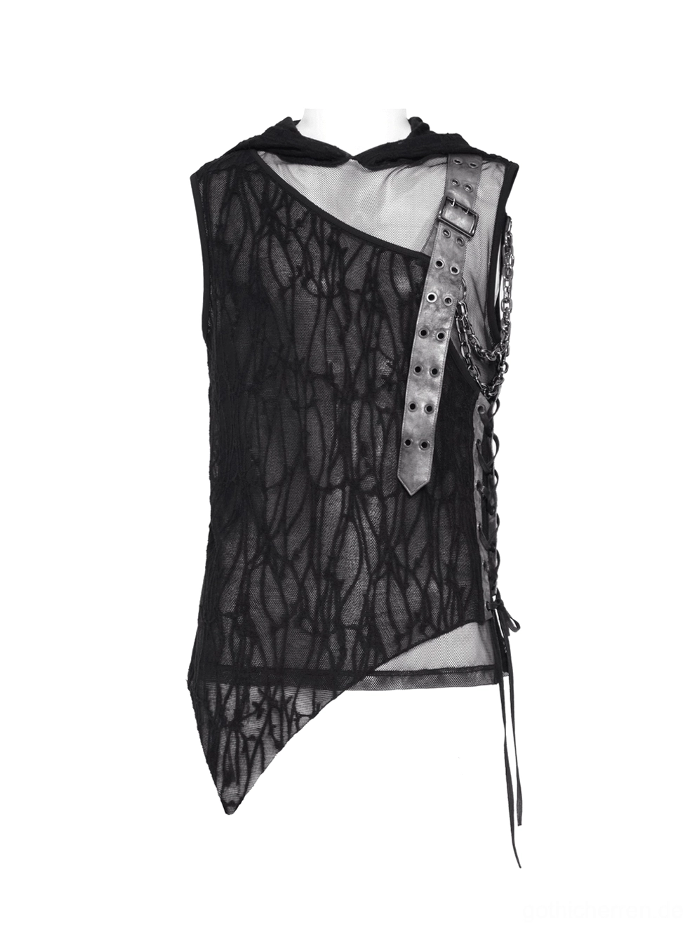 Schwarzes Gothic Mesh-Muskelshirt mit Kapuze auf Schneiderpuppe, ärmellos, direkte Vorderansicht, Kunstleder-Schnallengurt auf Schulter, transparentes Craquelé-Mesh-Gewebe, figurbetont geschnitten