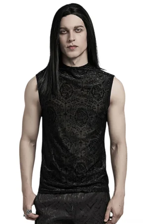 Schwarzes durchsichtiges Gothic Mesh Sleeveless Tank Top mit gesticktem Kreuz- und Totenkopf-Allover-Muster auf männlichem Model, Frontansicht