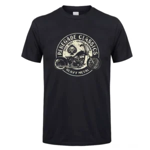 Schwarzes Gothic Motorrad T-Shirt mit Vintage Grafik Frontalansicht Flatlay klassisches Biker Design