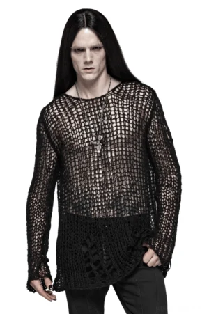 Schwarzes Gothic Netzoberteil mit Distressed-Saum von vorne an männlichem Model mit langen Haaren, zeigt offenes Maschenwerk und zerbrochene Saumkante in Drei-Viertel-Ansicht