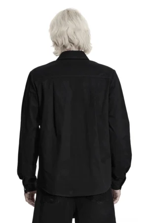 Schwarzes Gothic Punk Workwear Hemd Rückansicht mit strukturierter Silhouette, langen entspannten Ärmeln und sauberer Rückennaht