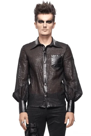 Schwarzes Jacquard-Durchsichthemd mit PU-Ledermanschetten – Vorderansicht auf männlichem Model im Punk-Gothic-Stil mit transparentem Mesh-Stoff und wirbelndem Muster-Detail