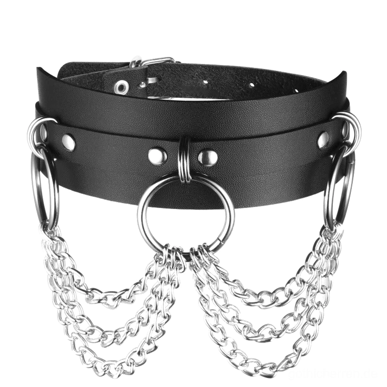 Schwarzes Leder O-Ring Choker Halsband Gothic Stil Halskette mit silbernen Ketten Frontalansicht