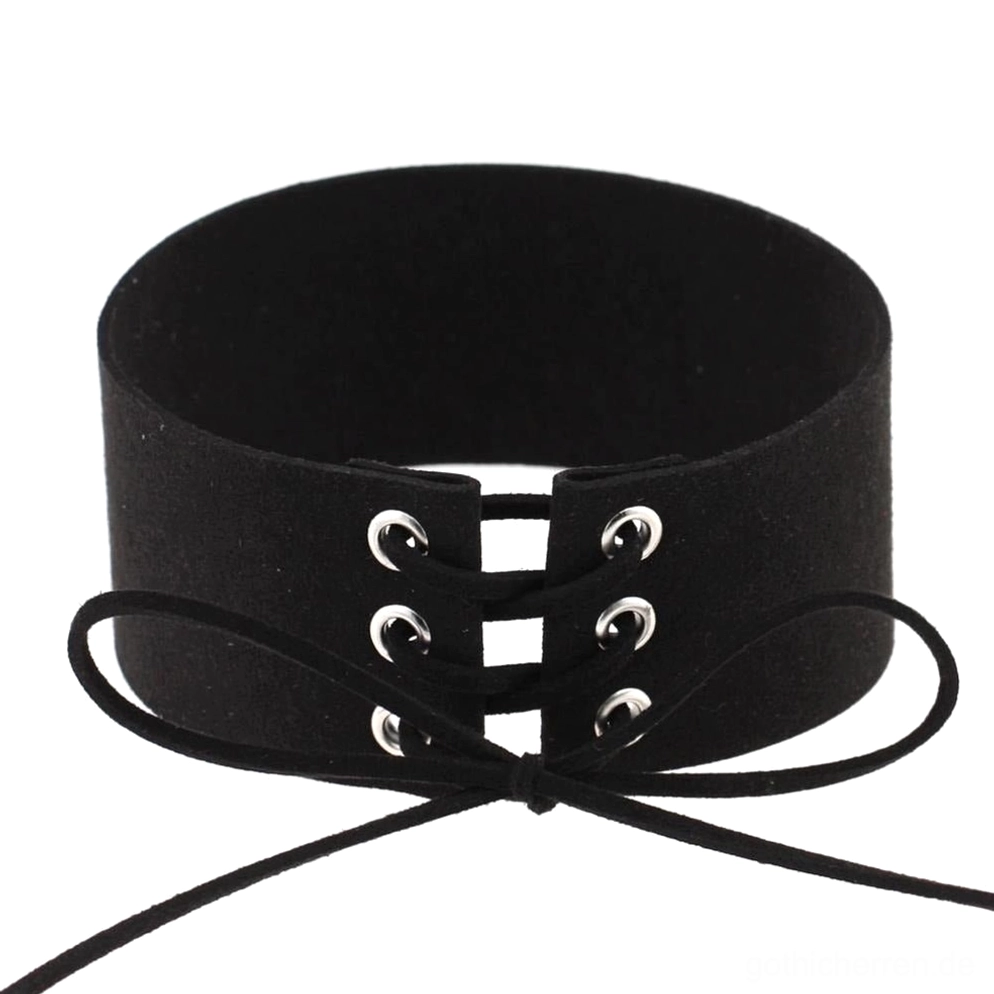 Schwarzes mattes Velourssamt gothic Halsband mit Metall-Ösen Schnürkonstruktion premium neckwear