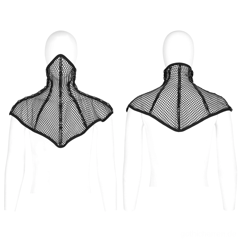 Front- und Rückansicht des schwarzen Mesh-Gothic-Halsbands auf Schaufensterpuppe, asymmetrisches Cape-Design, strukturierte Schulterpads, gotische Architektur