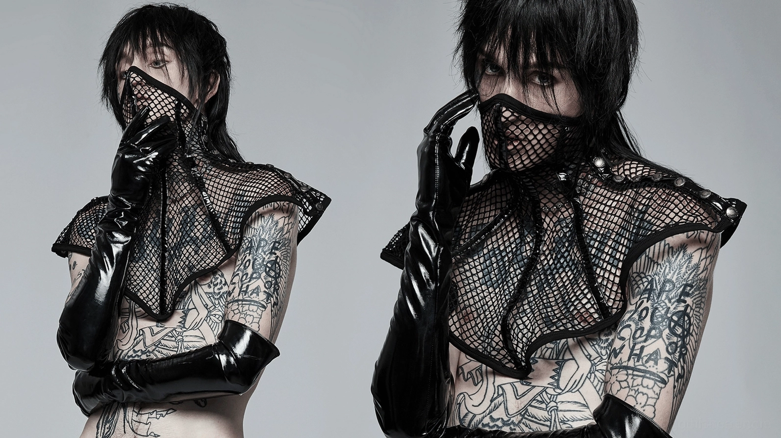 Schwarzes Mesh-Gothic-Halsband mit Schulterpads, detaillierte Produktfotografie, Gesamtsilhouette und Designproportionen, gotische Neckwear