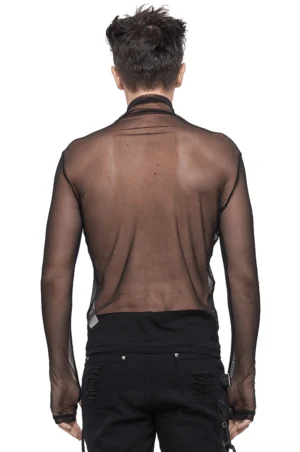 Schwarzes Mesh-Gothic-Oberteil Rückansicht mit tailliertem Schnitt und gebundener Saumkante auf männlichem Modell mit dunklem Studio-Hintergrund