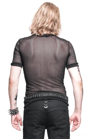Rückansicht schwarzes Mesh Gothic T-Shirt mit Wirbelsäulen-Muster Design, getragen von tätowiertem Modell mit schwarzem Nietenledergürtel, transparent gestricktes Nylon-Gewebe