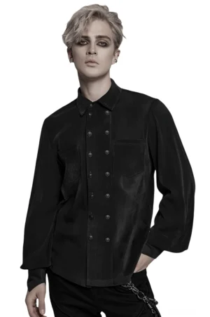 Vorderansicht schwarzes Mesh-Hemd mit Streifen gothic double-breasted design mit metallknöpfen und spitzenkragen auf männlichem modell
