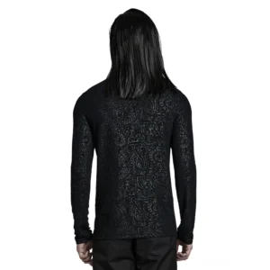 Rückansicht schwarzes Paisley Gothic Mock-Neck Langarm-Shirt mit vollem Jacquard-Muster auf männlichem Modell zeigt Schulterpartie