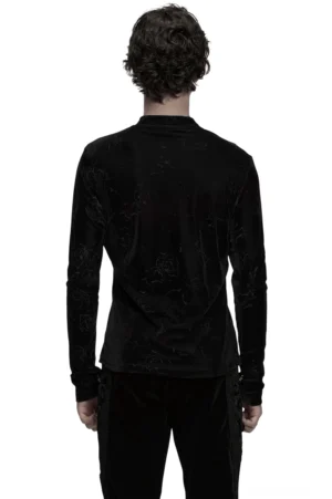 Schwarzes Rosen-Samtoberteil mit Schnürung – Gothic Langarmshirt Herren Rückansicht auf männlichem Modell mit schlanker Passform und geprägte Rosentextur Struktur