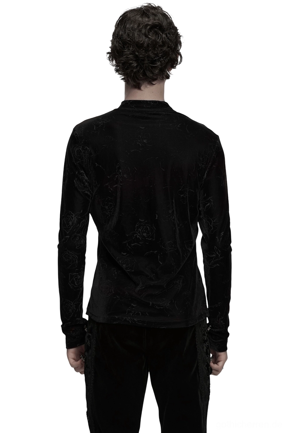 Schwarzes Rosen-Samtoberteil mit Schnürung – Gothic Langarmshirt Herren Rückansicht auf männlichem Modell mit schlanker Passform und geprägte Rosentextur Struktur