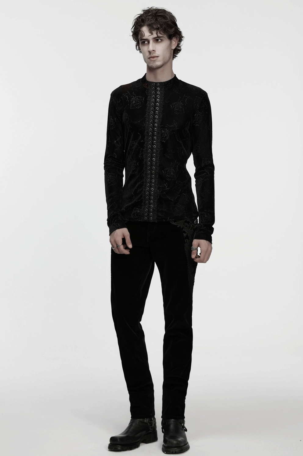 Schwarzes Rosen-Samtoberteil mit Schnürung – Gothic Langarmshirt Herren Pflege und Materialzusammensetzung 92 Prozent Polyester 8 Prozent Elastan elastischer Samt