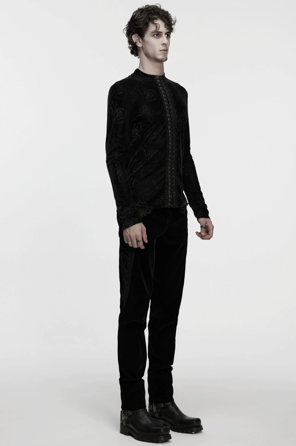 Schwarzes Rosen-Samtoberteil mit Schnürung – Gothic Langarmshirt Herren Messung Referenz mit Ärmelläng und Schulter-Konstruktion Detail Übersicht
