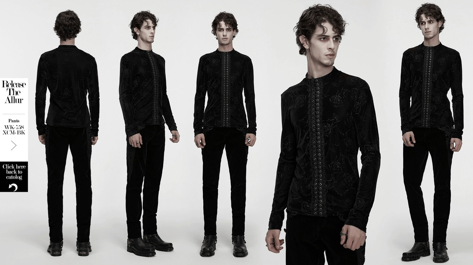 Schwarzes Rosen-Samtoberteil mit Schnürung – Gothic Langarmshirt Herren Produkt-Übersicht Vorderansicht mit geprägte Rosen-Design und Spitzen-Details