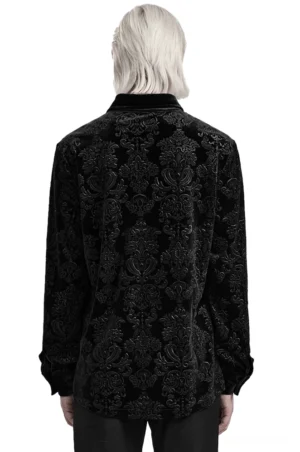 Schwarzes Samt-Damast Gothic Hemd Rückansicht auf Modell - Rückenpanel mit vollständigem Damastgewebedesign und Samttextur
