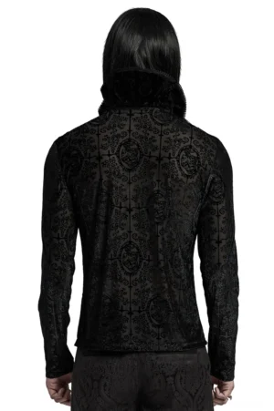 Schwarzes gotisches Samtoberteil mit hochstehendem Kragen, Rückansicht auf männlichem Model, zeigt vollständiges Allover-Vintage-Jacquard-Muster und tailierte Passform