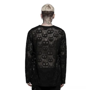 Gotisches schwarzes Schädel-Mesh-Langarmshirt Rückansicht mit durchgehendem Schädelmuster und Nackendetail