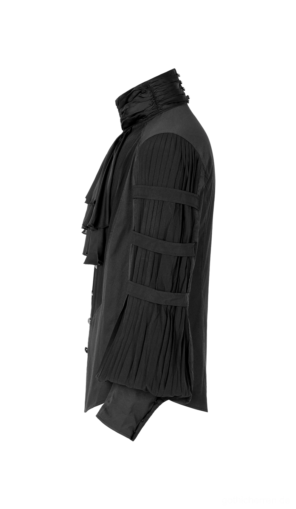 Schwarzes Steampunk Formales Hemd Seitenprofil-Ansicht mit Plissee-Ärmelkonstruktion, taillierter Silhouette und strukturiertem hochstehendem Kragen Design