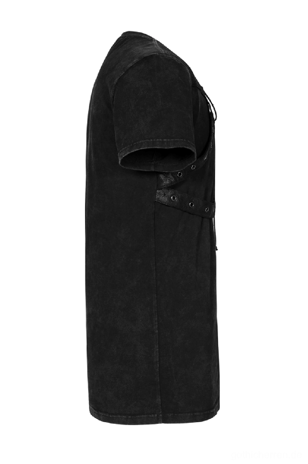 Seitenansicht Profil Gothic Harness T-Shirt taillierte schwarze gewachte Stoffe Kurzarm Seite Schnalle Detail gerissenes Leder