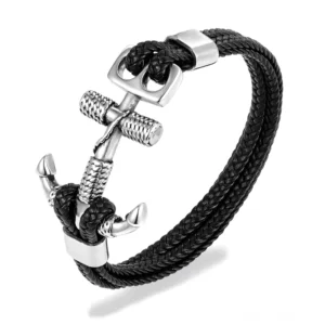 Silber Gothic Anker Armband Herren mit Lederband Seilkette Konstruktion und Easy-Hook Anker-Verschlussmechanismus Seitenansicht Alternative Fashion