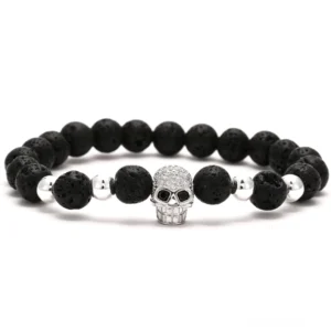 Silber-Totenkopf poliert gotisches Lava-Armband Stil 1 mit schwarzen Lavasteinen und silbernen Spacer-Perlen, minimalistischer Dark-Mode Schmuck in reiner Metalloptik