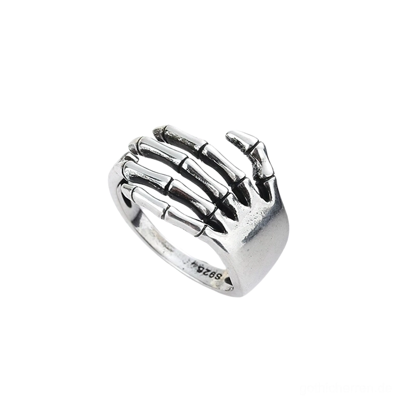 Skeleton Hand Hug Ring in poliertem Silber - Gothic Schmuck mit detaillierten artikulierten Fingerknochen, Studio-Aufnahme des vollständigen Skeletthand-Designs, verstellbarer Gothic Silber Ring