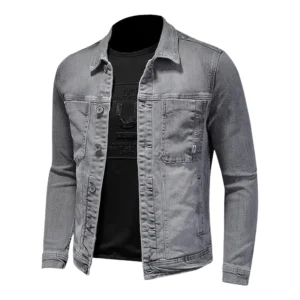 Herren Slim-Fit graue Denim Jacke mit dualen Brusttaschen und Umlegekragen – Vorderansicht Mannequin minimalistisches Design