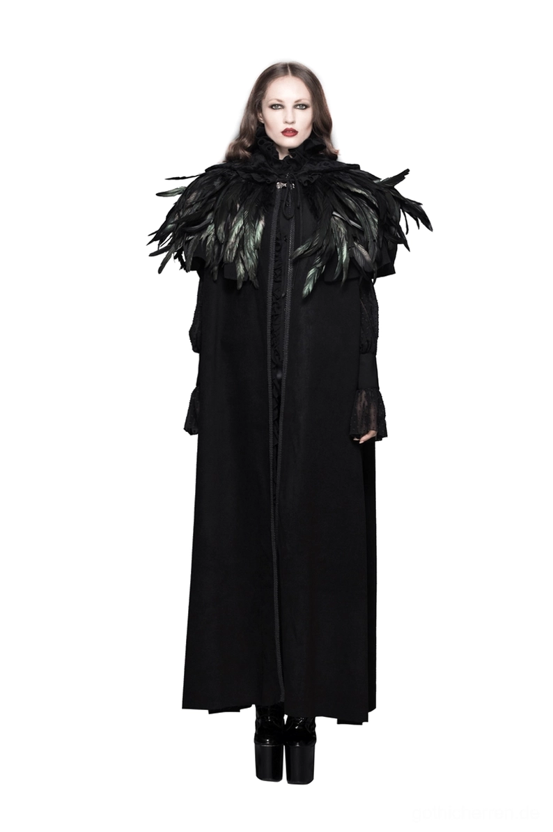 Steampunk Gothic-Capelet Front tragend Ansicht schwarze Federn Kordelzug-Verschluss theatralischer Stil dramatisch elegant