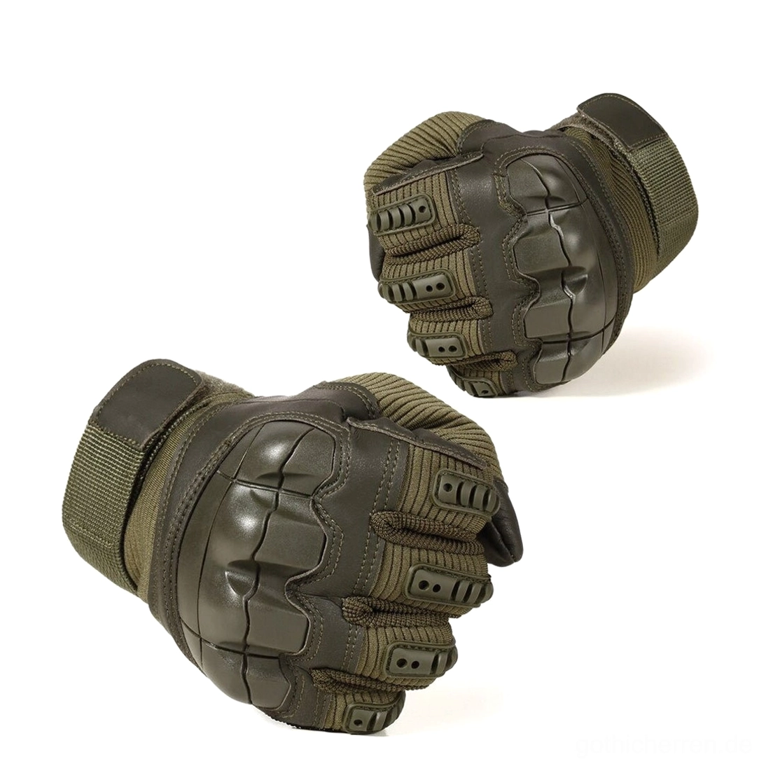 Paar olivgrüner Vollfinger-Taktischer-Handschuhe Flachauflage mit Knöckelschützer, Belüftungslöchern und verstellbarem Handgelenksverschluss im Detail gezeigt