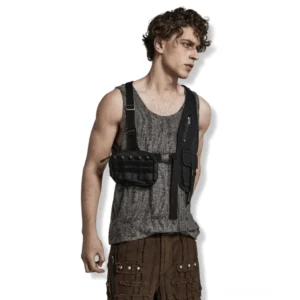 Taktische Harness Seitenprofil Styling mit Cargo-Hose und Tank-Top, Y-förmige Gurte und Utility-Taschen sichtbar, moderne Gothic-Ästhetik