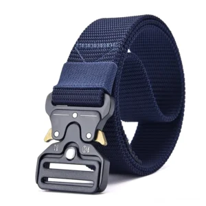 Mitternachtsblauer taktischer Nylon-Gürtel mit massiver Metall-Schnellauslösemechanismus – dunkle Ästhetik und robuste Konstruktion