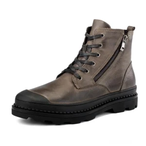 Taupe vintage-farbene Gothic Combat Stiefel aus echtem Leder mit Seitenreißverschluss und Schnürung, Vorderseite zeigt distressed Lederstruktur und Industrial-Design