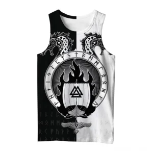 Valknut Gothic Muskelshirt Schwarz-Weiß Frontansicht mit Wikinger-Drache Runenzirkel und nordischen Symbolen ärmelloses Tanktop