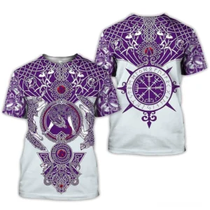 Vegvisir Wolf Gothic T-Shirt Rückansicht mit nordischem Wikinger-Kompass und keltischen Knotenmustern in Violetttönen auf weißem Unisex-Hemd