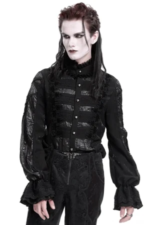 Herren Viktorianisches Gothic-Spitzen-Hemd schwarze Vorderansicht mit Rüschenkragen und durchsichtigen Spitzeneinsätzen an Ärmeln