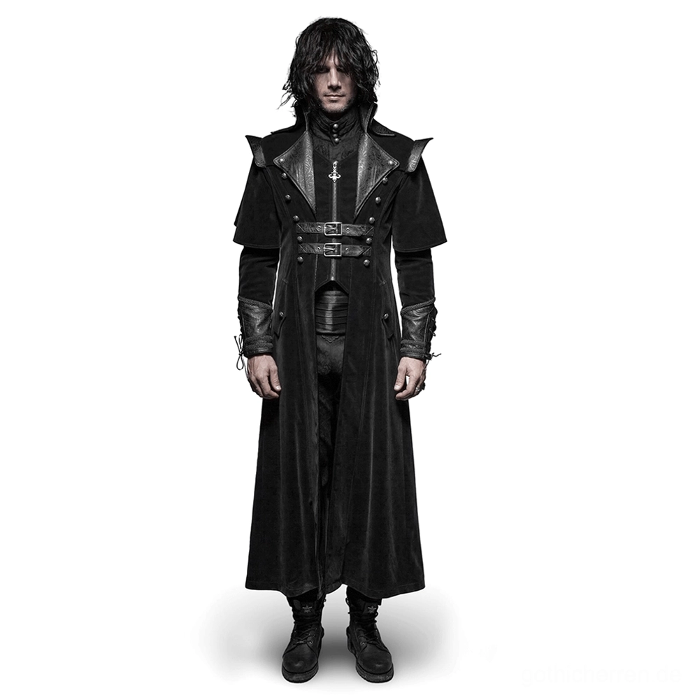 Viktorianischer schwarzer Gothic-Samtmantel mit geprägtem Lederkragen vorne Vollansicht auf langem Haare-Modell mit dramatischer Silhouette