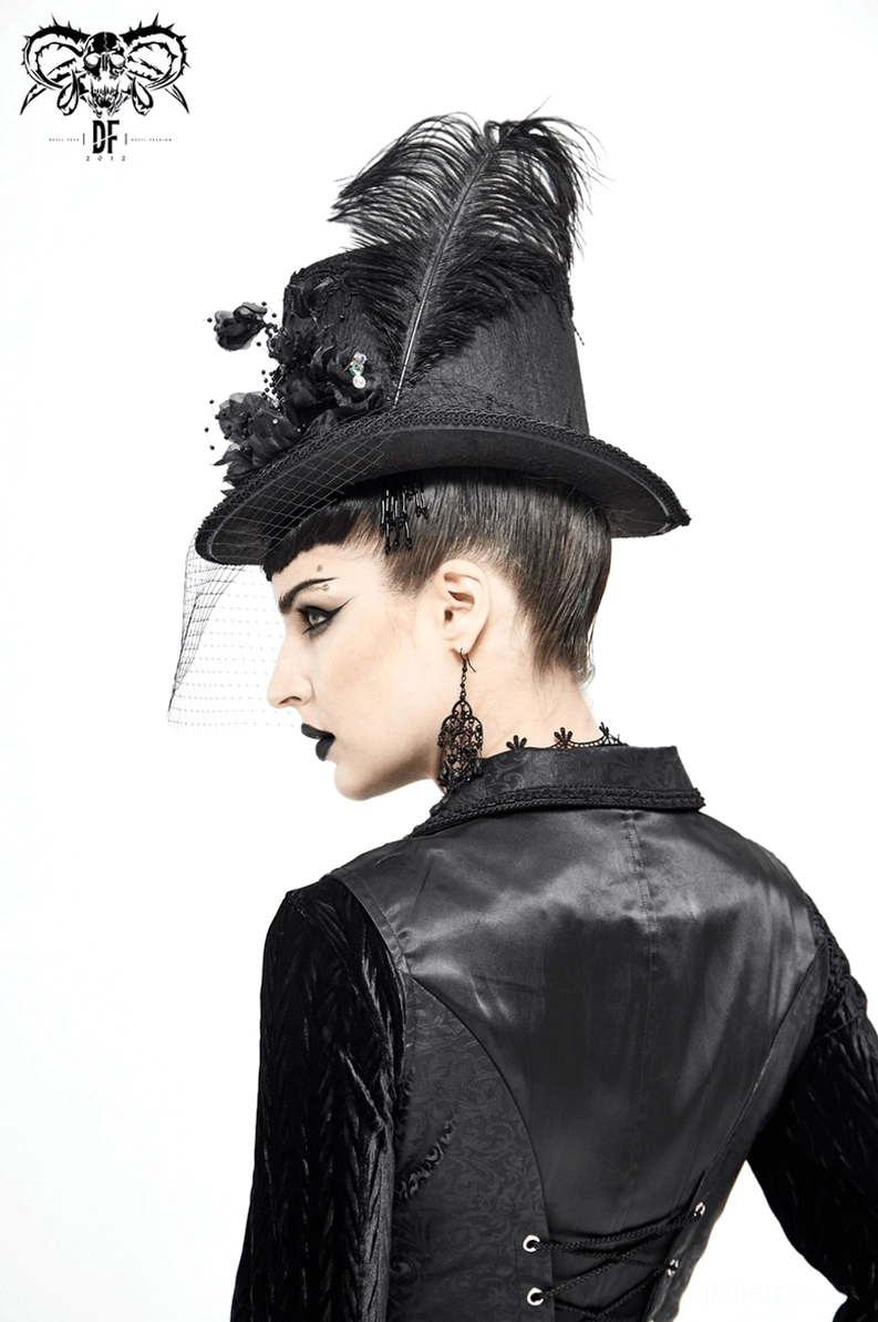 Viktorianischer schwarzer Gothic Zylinder mit abnehmbarer Straußenfeder und dimensionalen Stoffblüten