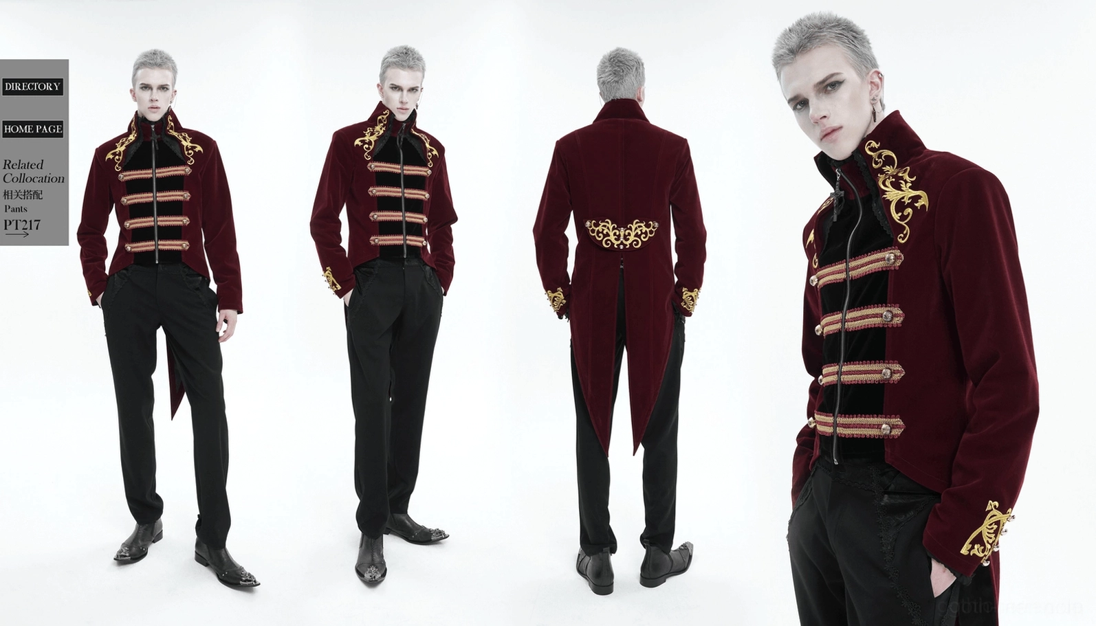 Mehrwinkelansicht von Weinrot Gothic-Frack mit viktorianischen Gold-Details auf mehreren männlichen Modellen - komplettes Styling-Muster