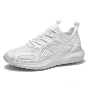 Weiße atmungsaktive Mesh Schnür-Gothic Turnschuhe Profilansicht – geripptes Obermaterial mit flexibler Sohle und minimalistischem Design