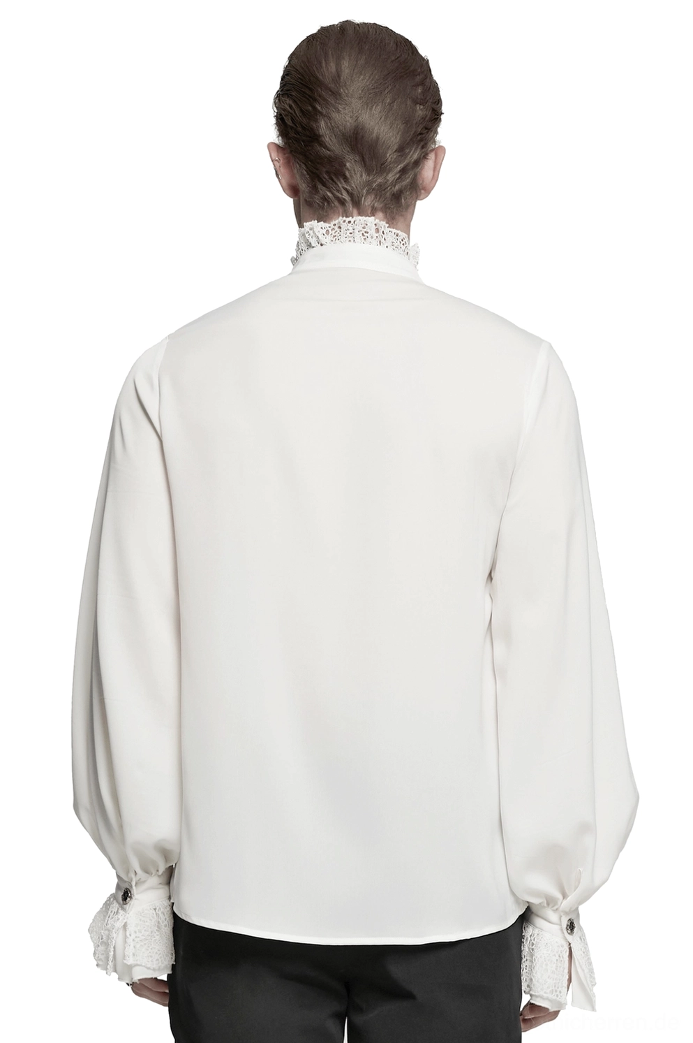 Rückansicht des weißen Gothic-Chiffonhemds mit spitzenverziertem Jabot-Stehkragen und voluminösen Bischofs-Ärmeln mit Spitzenbündchen auf männlichem Mannequin