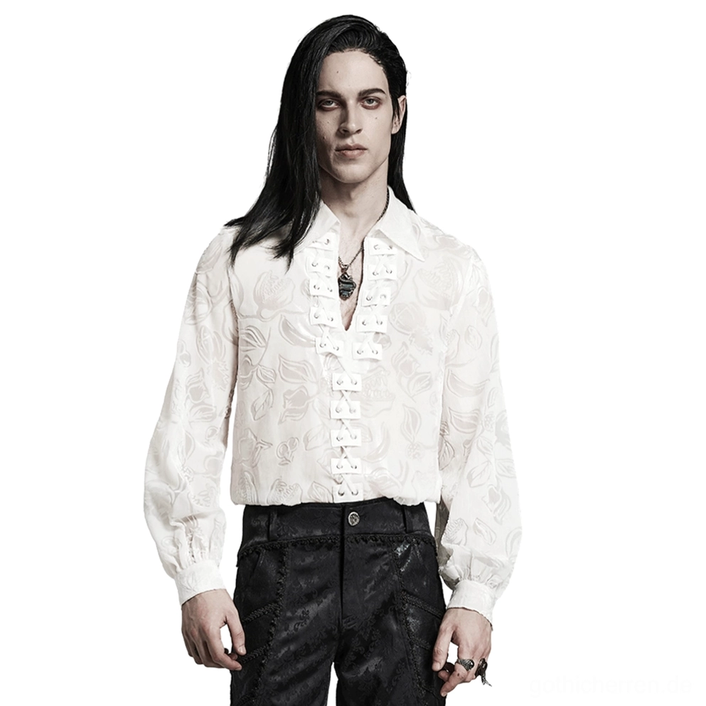Weiße gothic piranha flockvelvet hemd vorderansicht männlicher model mit voluminösen laternenärmeln und viktorianischer schnürung