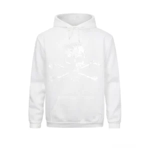 Weißer übergroßer Gothic Schädel Hoodie mit tonalen Totenkopf Motiv und 322 Numeral Design, flache Vorderansicht, Känguru-Tasche, alternative Herrenmode Kapuzenpullover