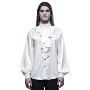 Weißes Gothic Hemd Frontalansicht mit aufrechtem Rüschenkragen und Damast-Jacquard-Textur auf männlichem Model, Gothic Hemd weiß