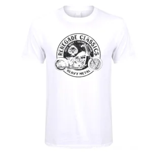 Weißes Gothic Motorrad T-Shirt mit Retro Motorrad Grafik Frontalansicht Flatlay Dark Rebel Print