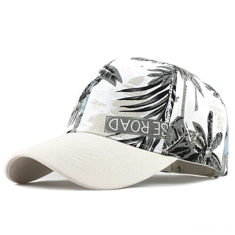 Weiße Gothic Baseball Cap mit Palmblatt-Botanik Design – Unisex Streetwear im exotischen Tropical-Print