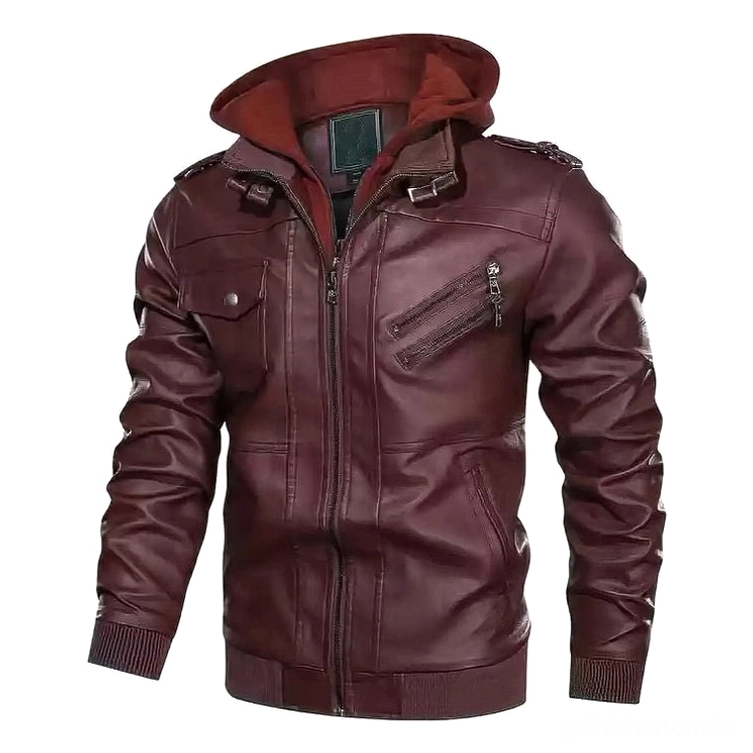 Weinrot burgunderrot gothic kapuzen leder jacke mit burgunder-kapuze und klappenbrustytasche-detail