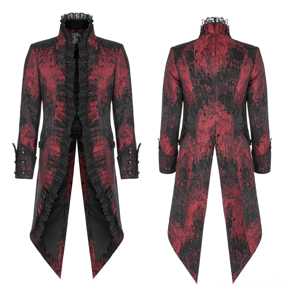 Weinrot Gothic Tailcoat Flat Lay Vorder- und Rückseite mit gerüschter Knopfleiste und Spitzenkragen