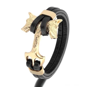 Gold-ton Wolfs-Kopf Anker Lederarmband für Männer, Gothic Punk Style mit Edelstahl-Schließe und echtem schwarzem Lederseilketten-Design, detaillierte Nahaufnahme der Wolfs-Kopf-Verzierung